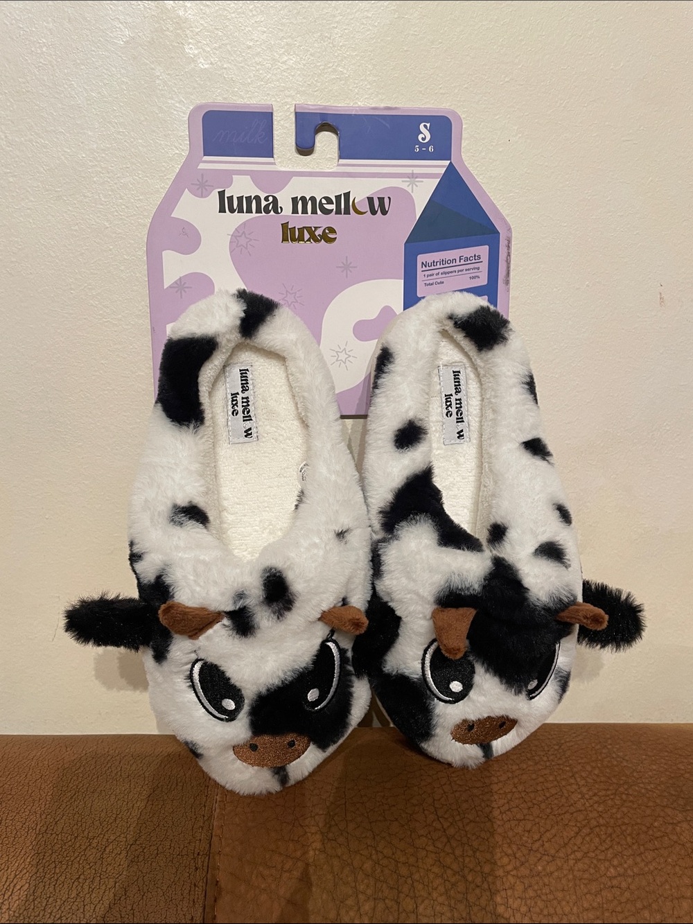 luna mellow luxe Cow Print Plush Slippers - White & Black NWT